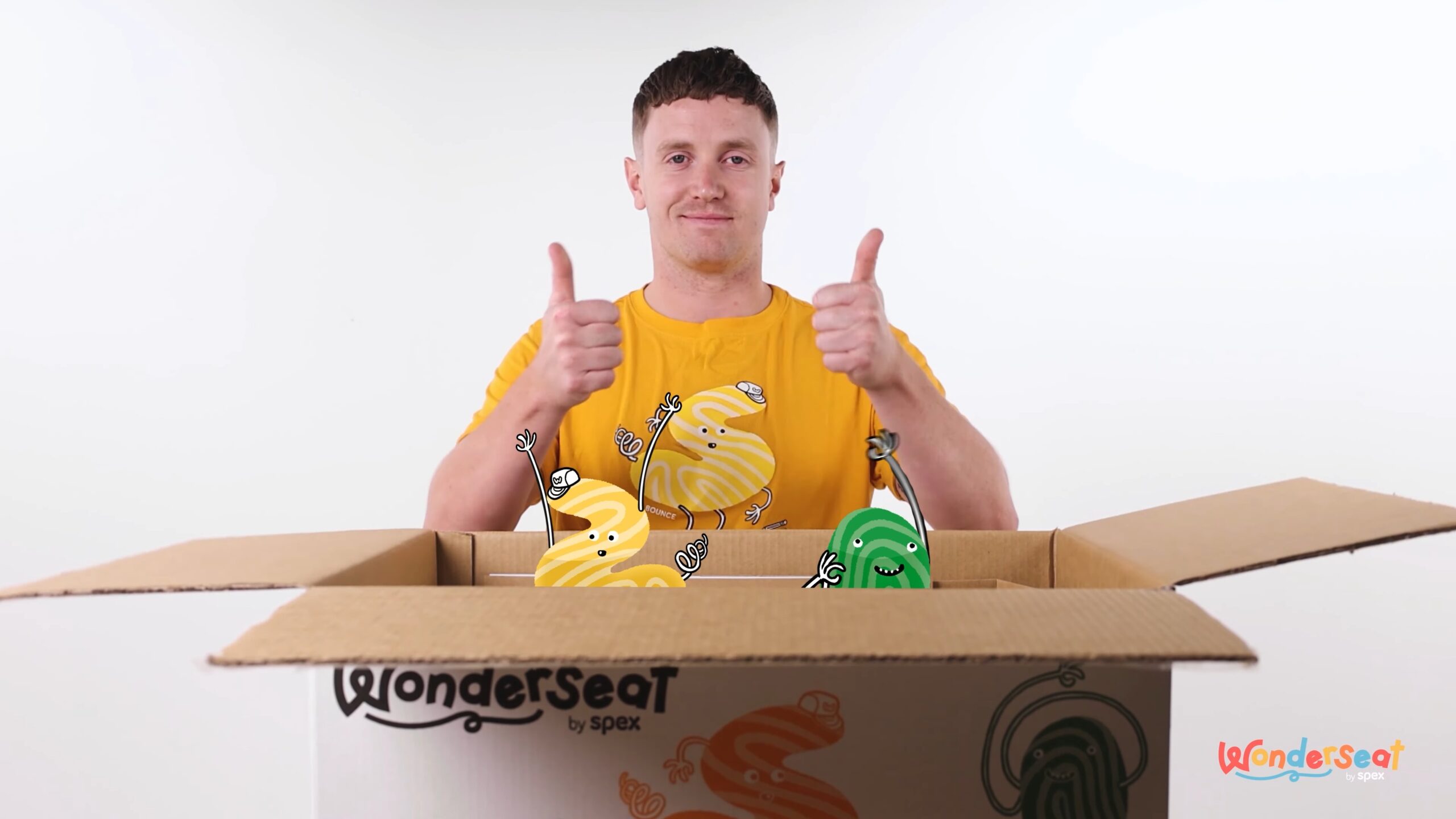 Man doing 'thumbs up' as he unboxes the Wonderseat characters
