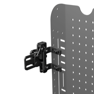 Spex single mount hardware shown connected to the hardware of a backrest. It is darker then the rest of the image.