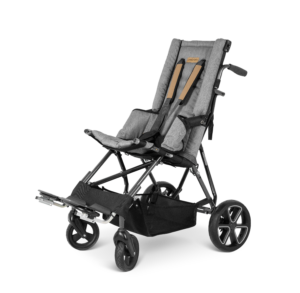 Patron Corzino Stroller on a white background. It has grey upholstery and brown harness, with black frame, wheels and storage basket at the bottom, and shadows. . It is on a diagonal angle facing the left.