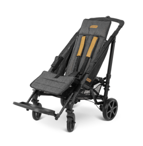 Patron Piper Comfort Stroller on a white background. Has grey upholstery, brown harness straps and the seat is low to the ground with foot supports and a high push handle that is above the head support.