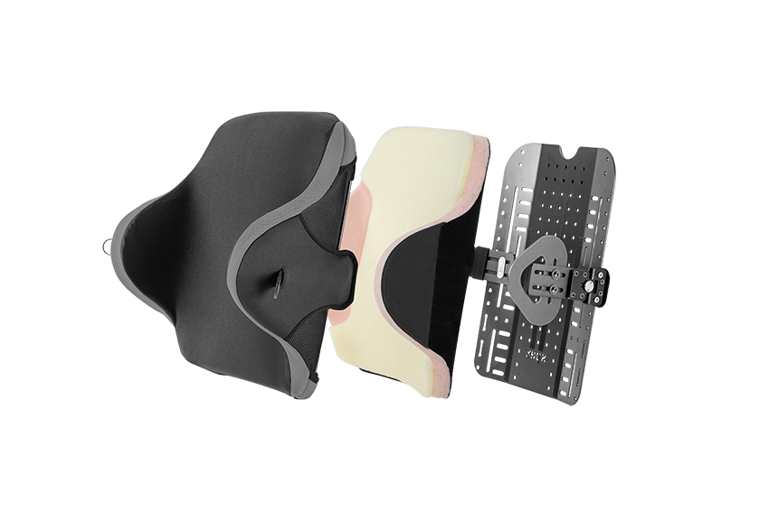 Spex Manta Wheelchair Back Support, exploded image showing all layers of the back support - colour black with grey accents, complete with swing away lateral tabs.