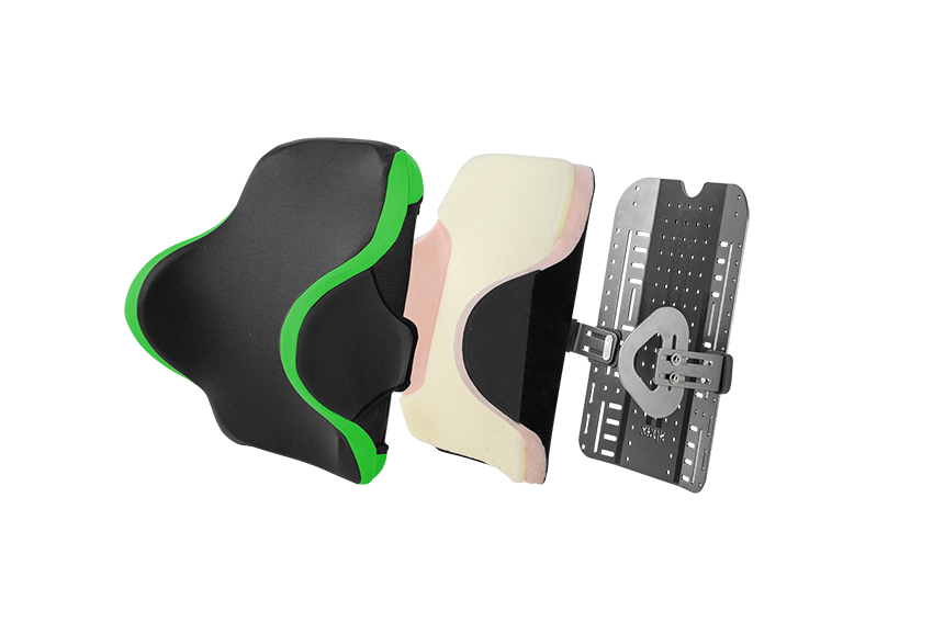 Spex Manta Wheelchair Back Support, exploded image showing all layers of the back support - colour black with green accents, complete with swing away lateral tabs.