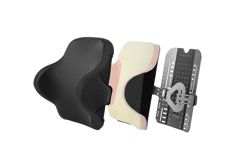 Spex Manta Wheelchair Back Support, exploded image showing all layers of the back support - colour black, complete with swing away lateral tabs.