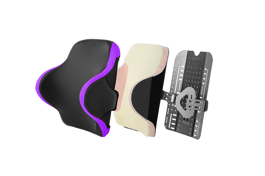 Spex Manta Wheelchair Back Support, exploded image showing all layers of the back support - colour black with purple accents, complete with swing away lateral tabs.
