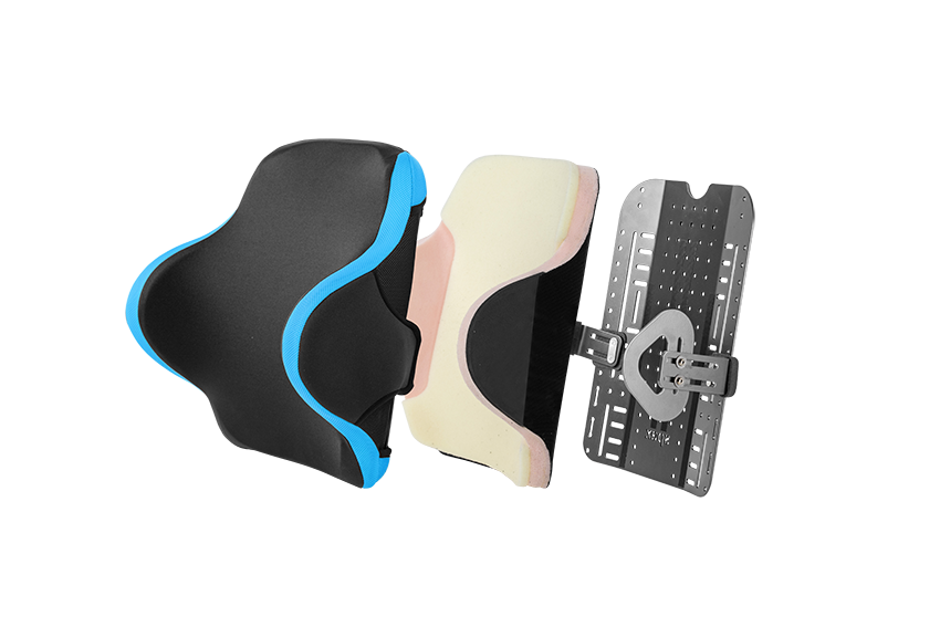 Spex Manta Wheelchair Back Support, exploded image showing all layers of the back support - colour black with Blue accents, complete with swing away lateral tabs.