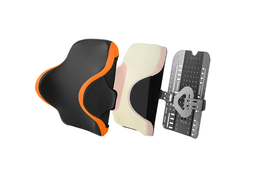 Spex Manta Wheelchair Back Support, exploded image showing all layers of the back support - colour black with orange accents, complete with swing away lateral tabs.