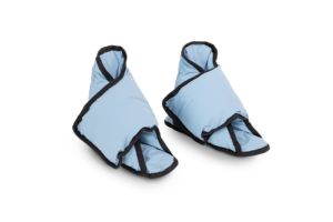 Teo SleepShape Foot Support Booties shown with blue wipeable cover.