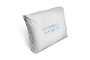 SleepShape Cushion 16.1 (Occiput) shown with white comfy cover. Tilted to the left.