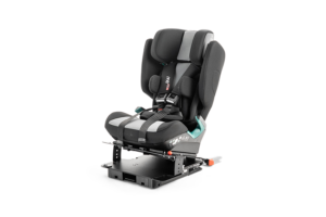 IPAI MAX Car Seat with black upholstery facing diagonal left. Sits on a swivel base for practical easy access, with supportive cushioning.