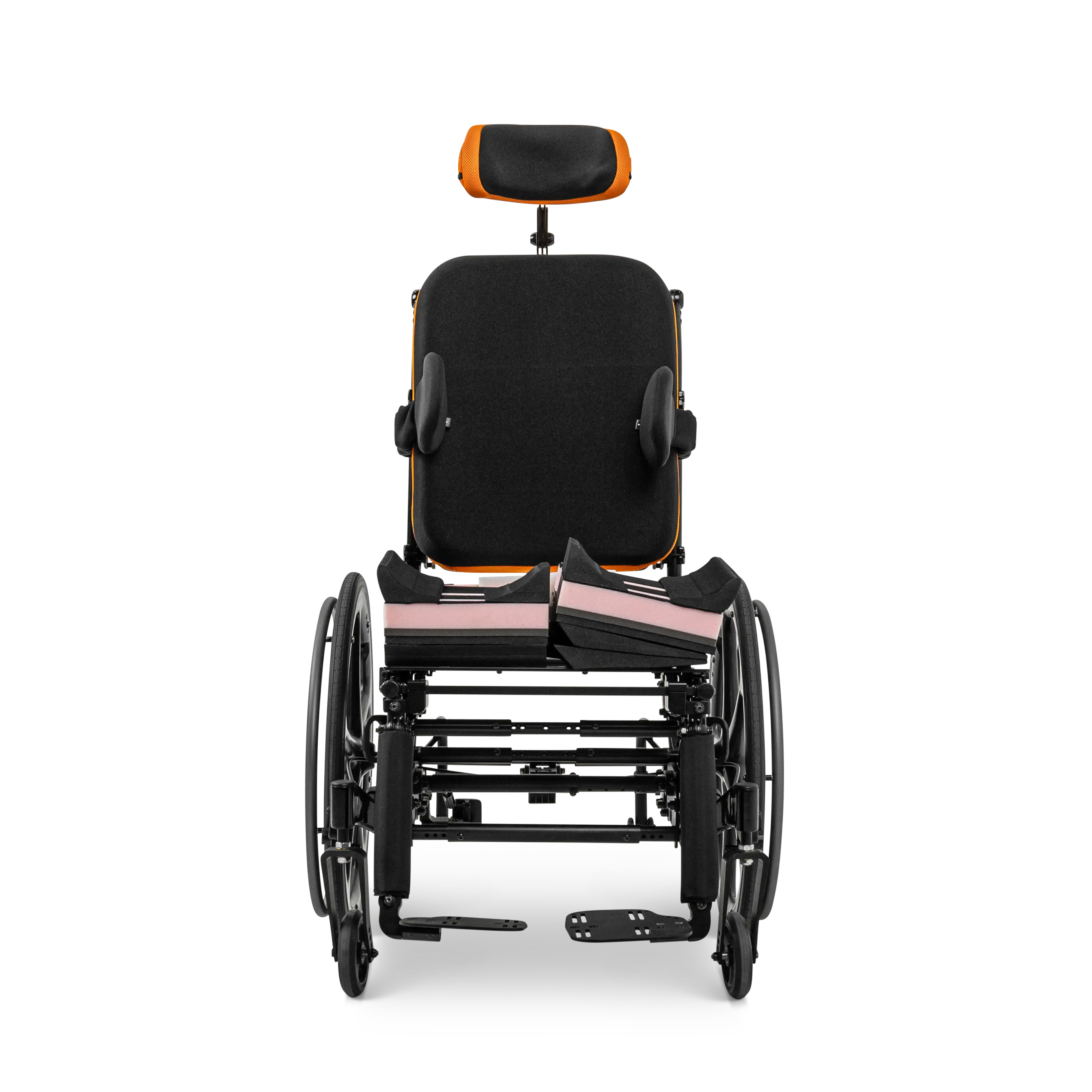 Front view of Constructa Flex seat cushion configurations without cover on a manual wheelchair on a white background.