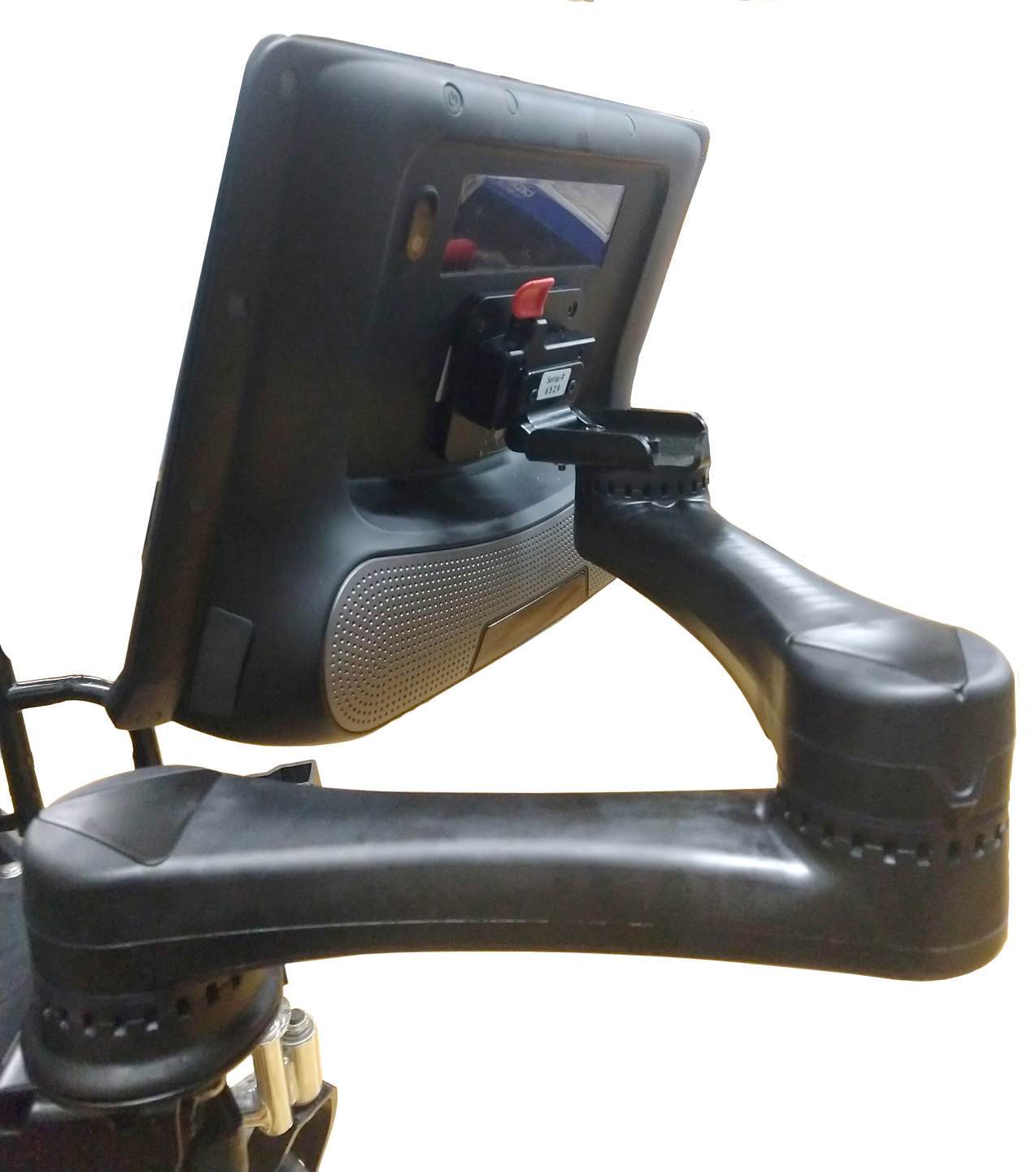 Rear view of a Mount’n Mover Easy Mover dual arm wheelchair mount with a large tablet secured using a Quick Connect attachment.