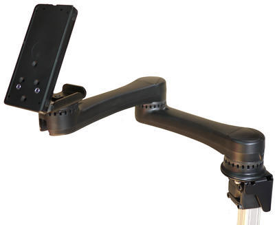 Side view of a Mount’n Mover Easy Mover dual arm wheelchair mount in black with a non-locking tilt plate attachment, designed for adjustable positioning of assistive devices.