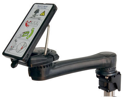 Isometric view of a Mount’n Mover Easy Mover single arm wheelchair mount in black featuring a locking tilt plate, designed for secure and adjustable assistive device mounting.
