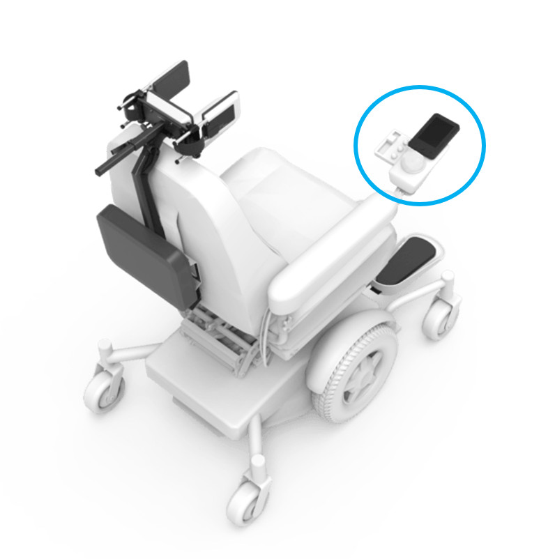 Diagonal Birds eye view of a wheelchair, with the back of the CoMoveIT steering system in view. The Sensor on the arm is circled in blue.