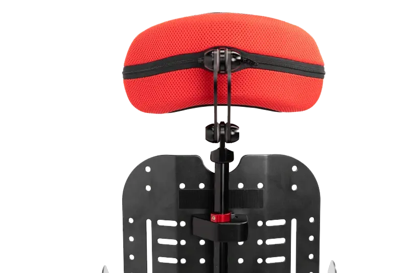 Close-up of Spex Stylo Slim Mount showing its low-profile design that reduces bulk while offering strong wheelchair headrest support.