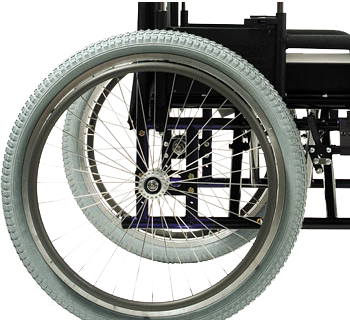 Close up of the wheels of a custom frame set up of the Quickie M6 Heavy Duty Wheelchair