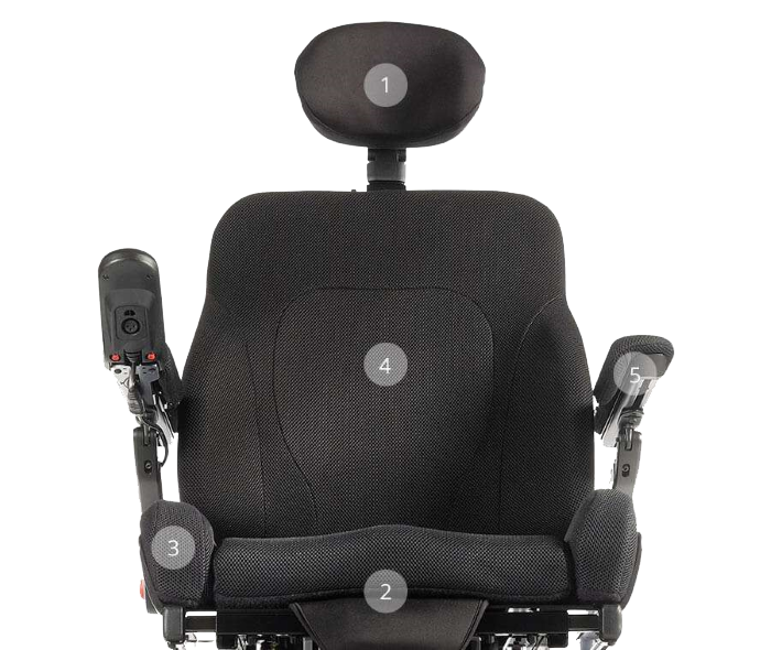 Front view of the seat on a Sedeo Ergo Adjustable Wheelchair