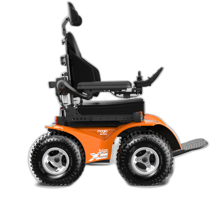 An orange Extreme X8 powerchair, shown side-on, built for off-road terrain with high traction and outdoor freedom.