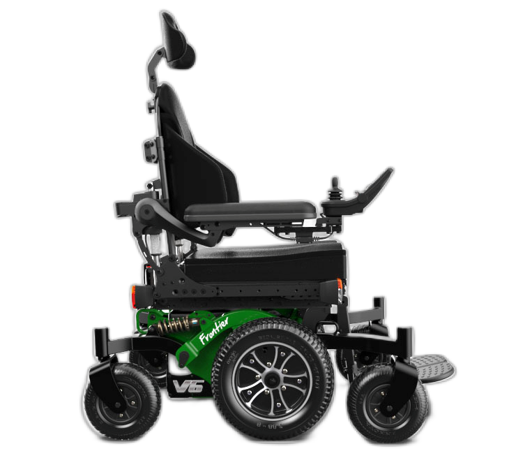 A green Frontier V6 Hybrid electric wheelchair side on, offering mid-wheel drive and all-terrain capability.