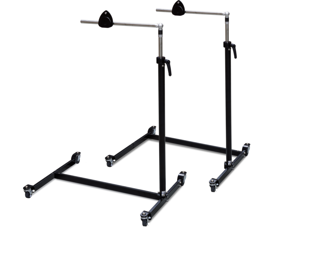 An independent stand supporting Daessy Rolling Mounts in black and chrome, with height adjustability and locking caster wheels.