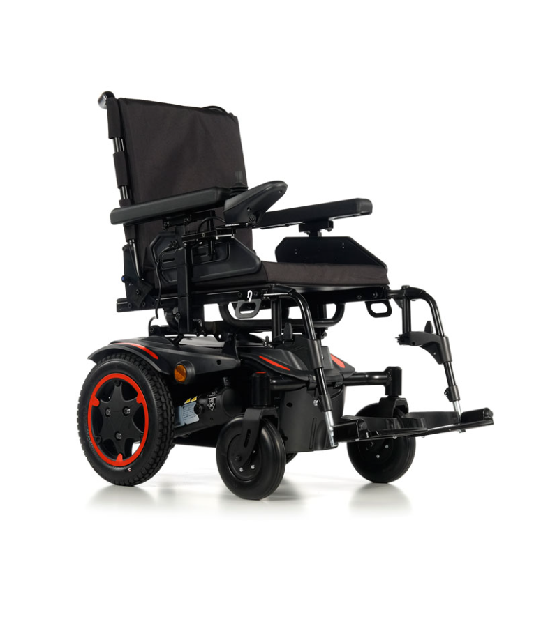 Isometric view of black Quickie Q100 R Powered Wheelchair with red rims on a white background.