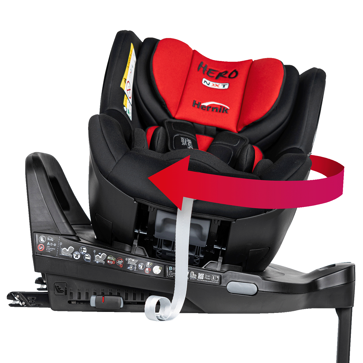 Image of Hero-NXT Car Seat, shown on the swivel base. The swivel base is facing right and the carseat is facing to the front. A red arrow wraps around the car seat to show the swivel motion,
