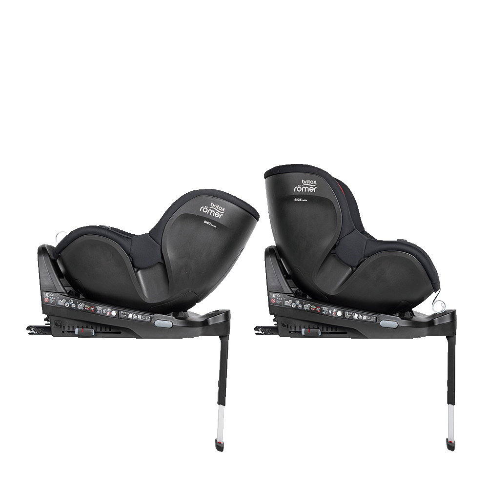 Two Hero-NXT car seats side by side on swivel bases. The left car seat is in rear-facing position with the foot prop fully extended, while the right car seat is in forward-facing position with the foot prop also extended.