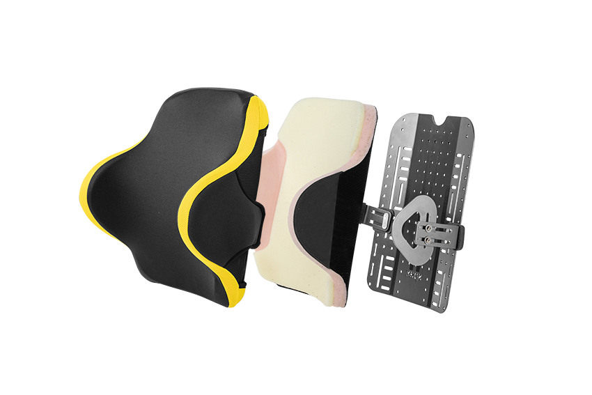 Spex Manta Wheelchair Back Support, exploded image showing all layers of the back support - colour black with yellow accents, complete with swing away lateral tabs.