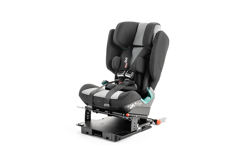IPAI MAX Car Seat with black upholstery facing diagonal left. Sits on a swivel base for practical easy access, with supportive cushioning.