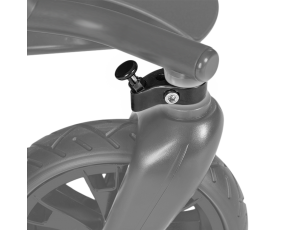 Ghosted image of a small swivel lock accessory on top of a stroller wheel.
