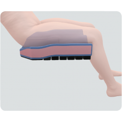 Graphic of a person sitting on a cushion from hips down, facing sideways to the right, leaning backwards.