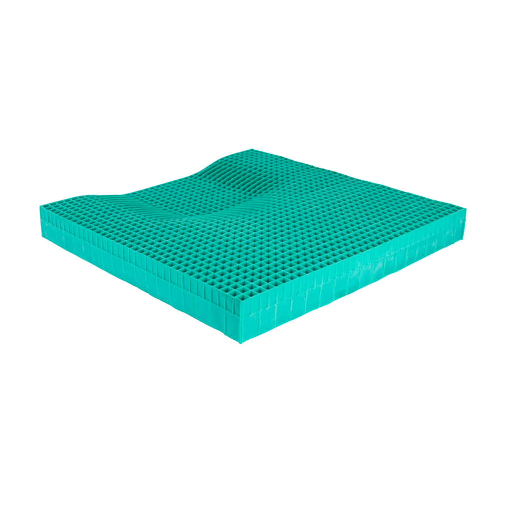 Green EquaGel cushion with layered gel grid design for comfort, pressure relief, and postural support.