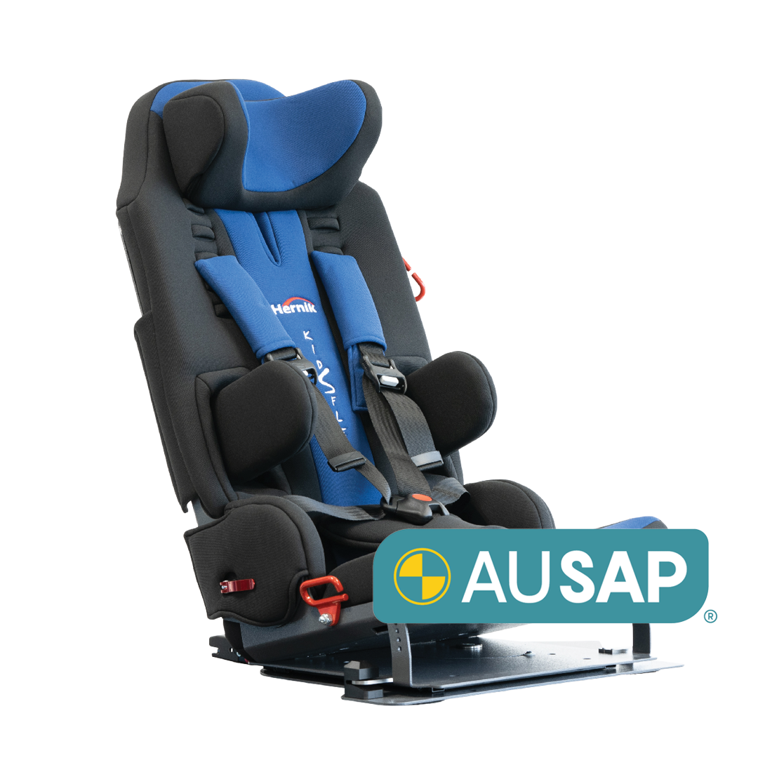 Kidsflex branded car seat on a white background diagonally facing the right, with a green AUSAP logo in the bottom corner. 