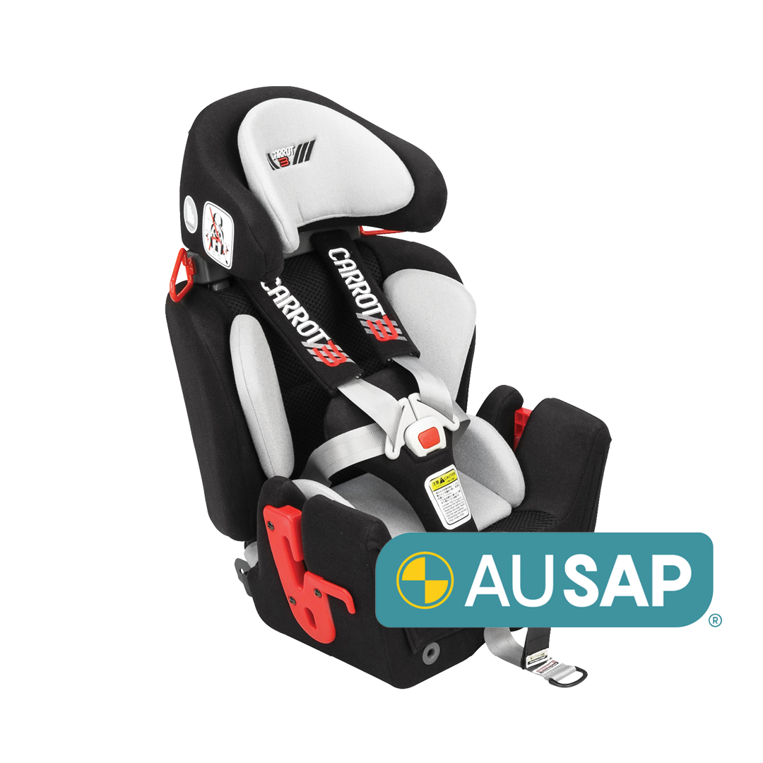 Carrot 3000 Car seat on a white background facing right with the AUSAP logo in the bottom right hand corner. 