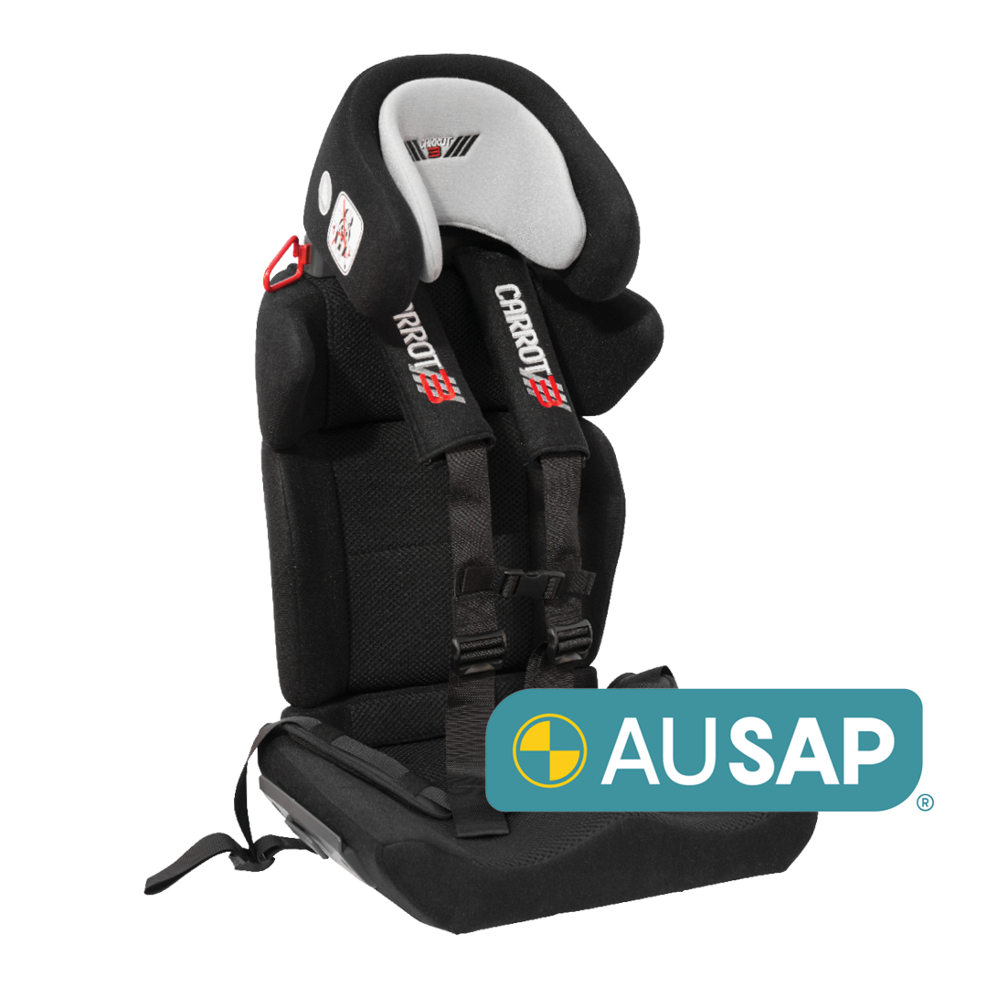 Carrot branded Car Seat on a white background diagonally facing the right with a green AUSAP logo in the right hand corner. 