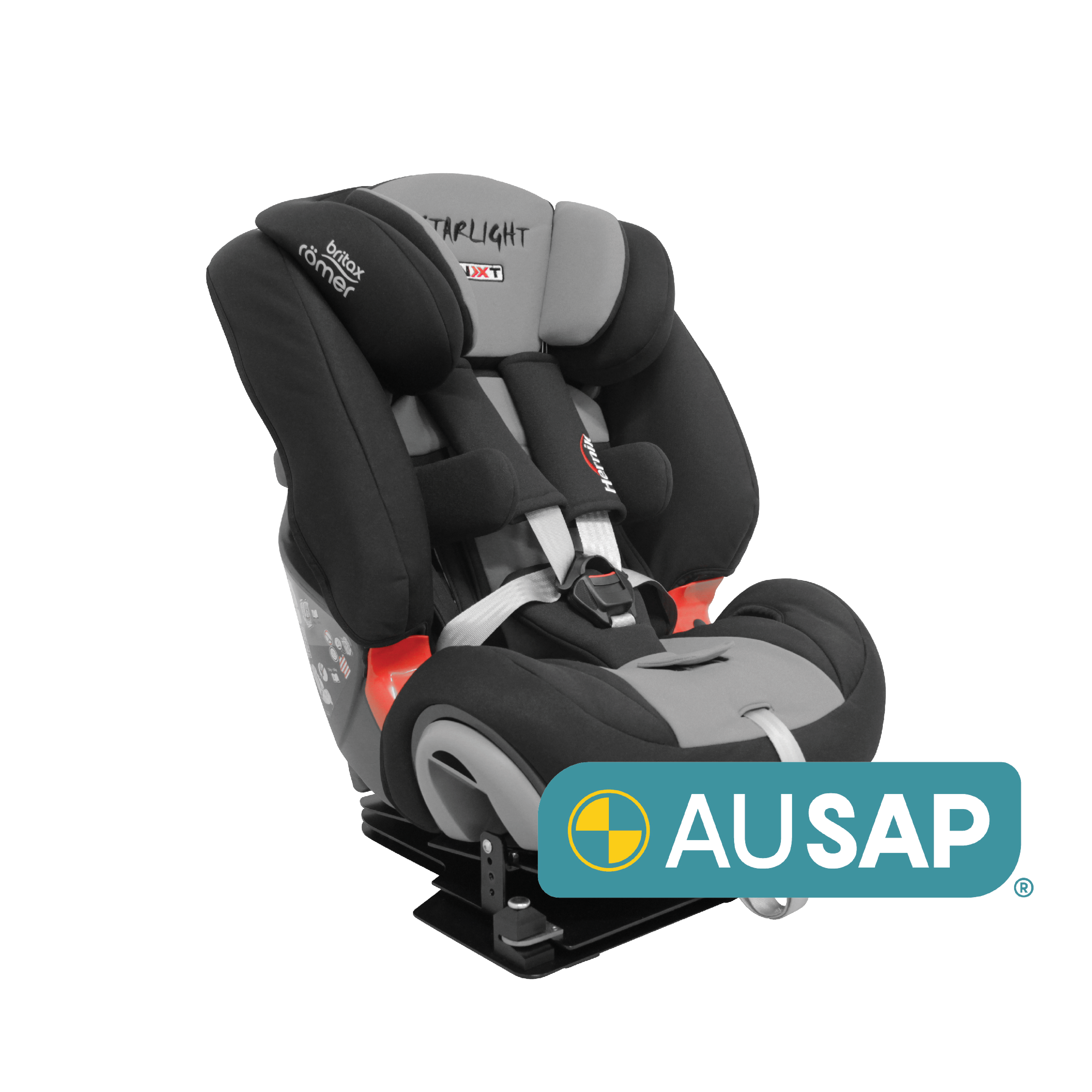 Starlight NXT Carseat on a white background facing the right with a AUSAP logo in the bottom right hand corner. 