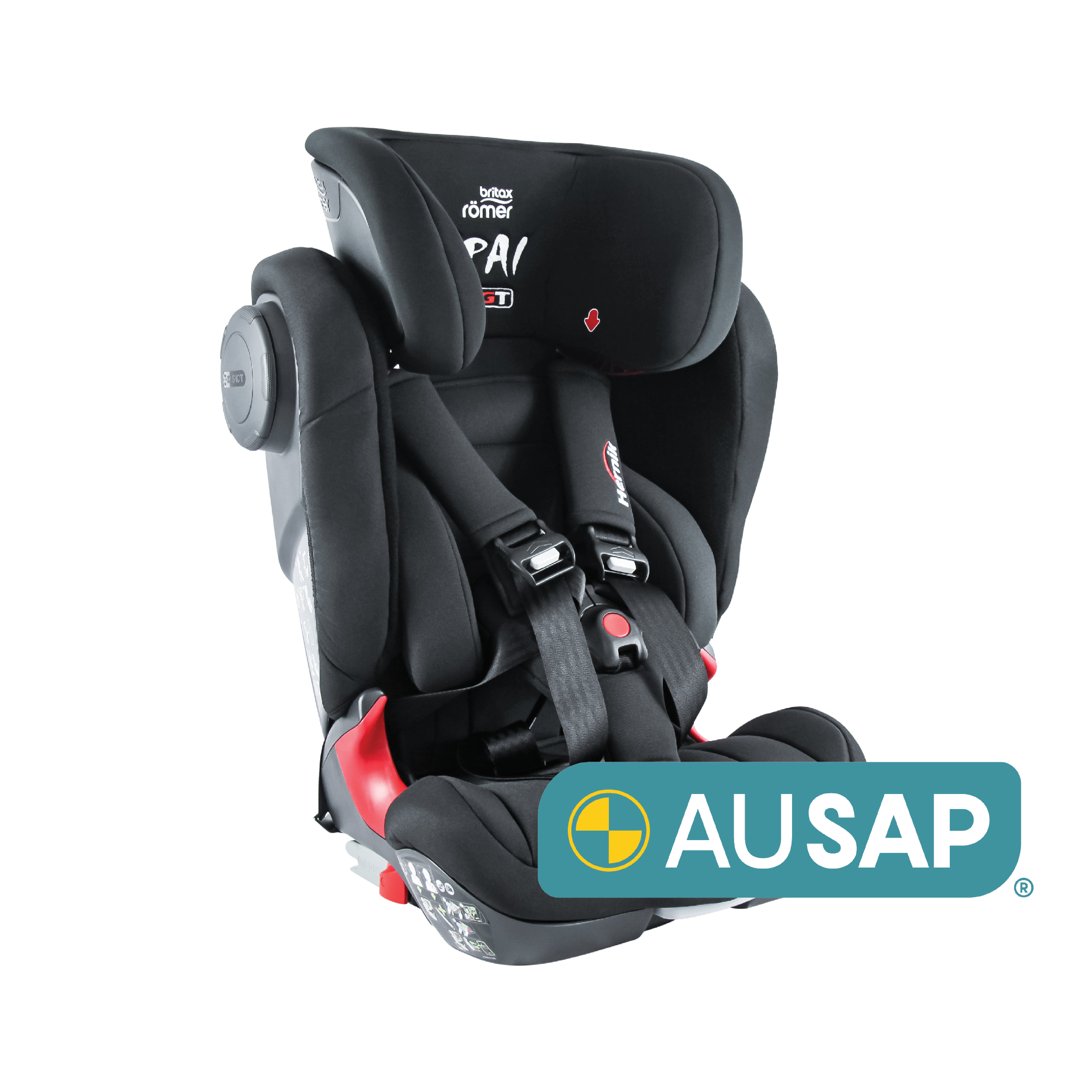 Ipai Car Seat on white background, diagonally facing the right with an AUSAP logo in the bottom righthand corner. 