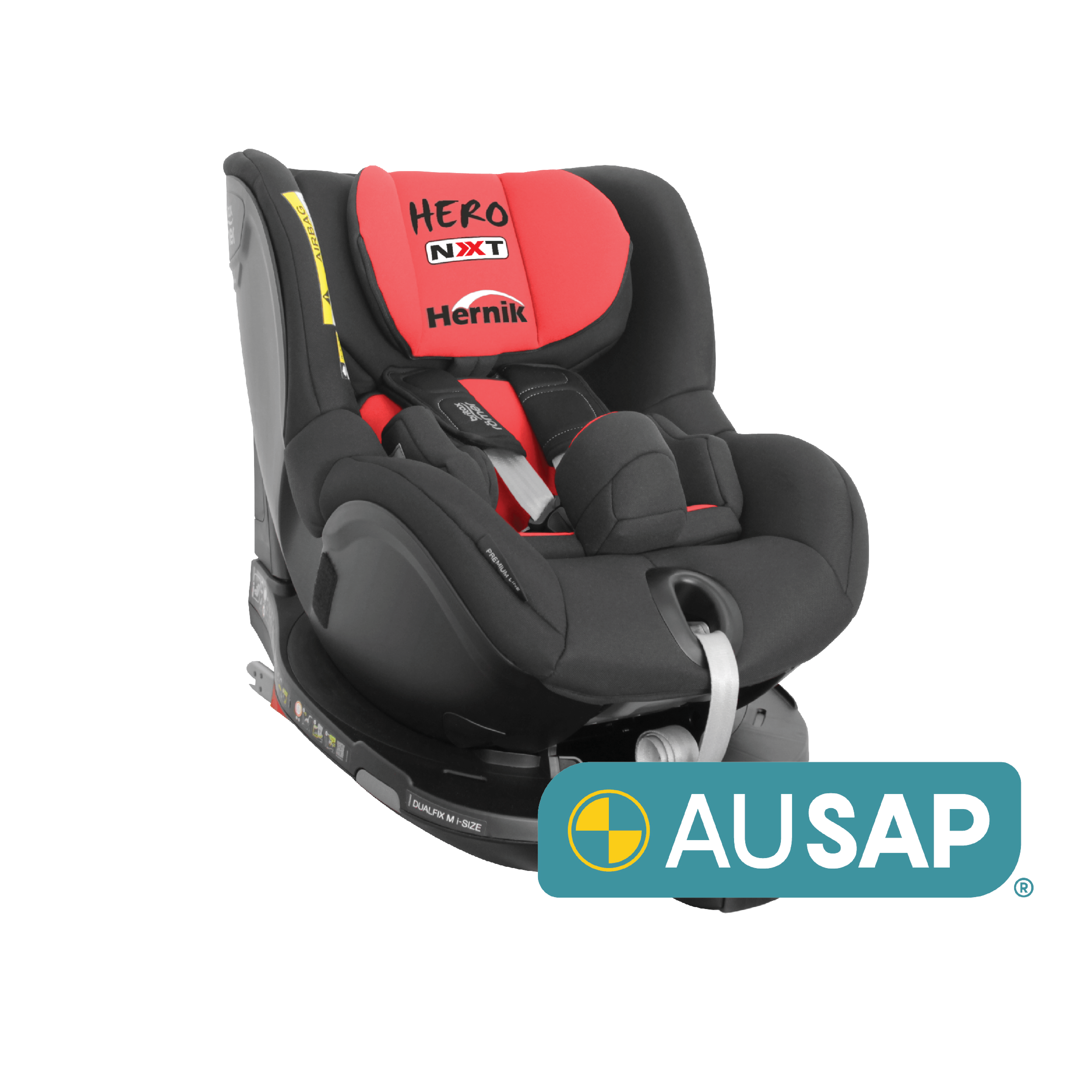 Hero NXT carseat on a white background with a AUSAP logo in green placed on the bottom. 