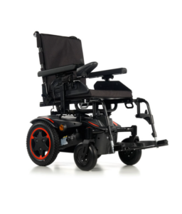 Isometric view of black Quickie Q100 R Powered Wheelchair with red rims on a white background.