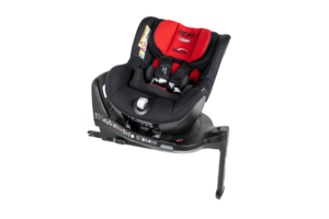 Side on image of the Hero NXT with foot prop fully extended. The swivel base is facing the left but the carseat is facing the front.