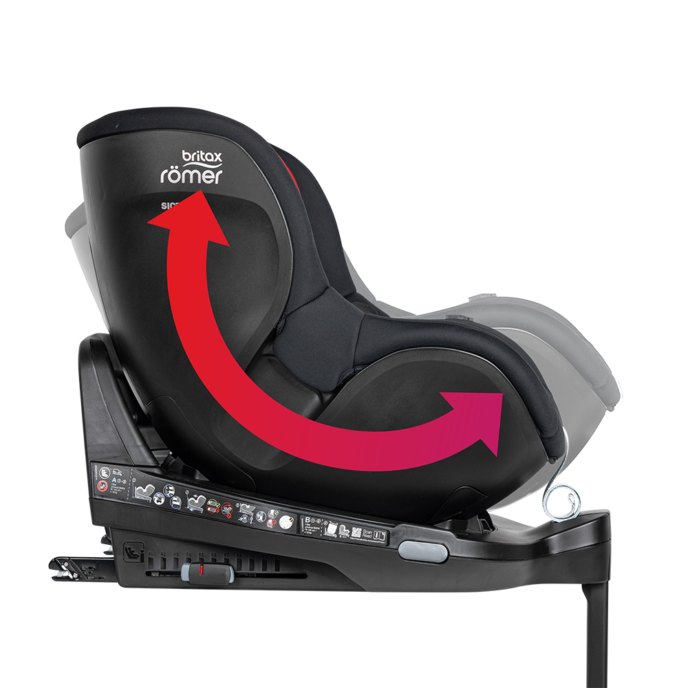 Hero NXT car seat shown in side view with a red arrow indicating the tilt-in-space recline function.