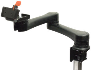 Mount’n Mover dual arm mount featuring two black articulated arms connected to a vertical post, with a quick-connect attachment point.