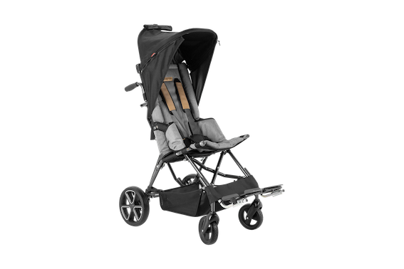 Full length photo of the Patron stroller, with grey upholstery, storage basket and black sun canopy