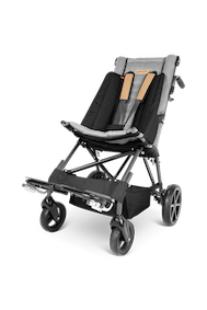 Patron Corzion Stroller with grey upholstery , brown harness and black side protectors on a white background.