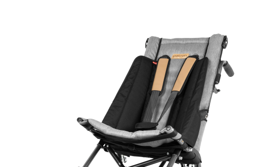 Patron Corzion Stroller with grey upholstery , brown harness and black side protectors on a white background.