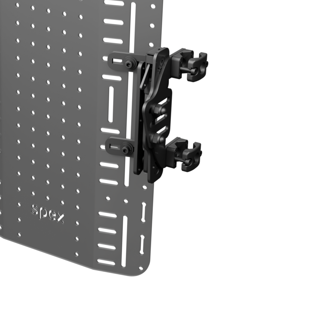 Render of Spex Dual Mount hardware on a backsupport.