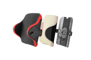 Spex Manta Wheelchair Back Support, exploded image showing all layers of the back support - colour black with red accents, complete with swing away lateral tabs.