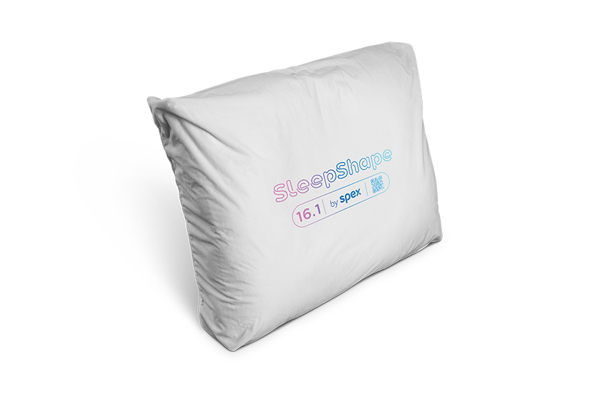 SleepShape Cushion 16.1 (Occiput) shown with white comfy cover. Tilted to the left.